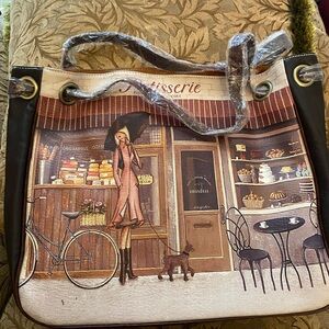 Parisian bakery scene 
 Tote Bag - Black and Cream